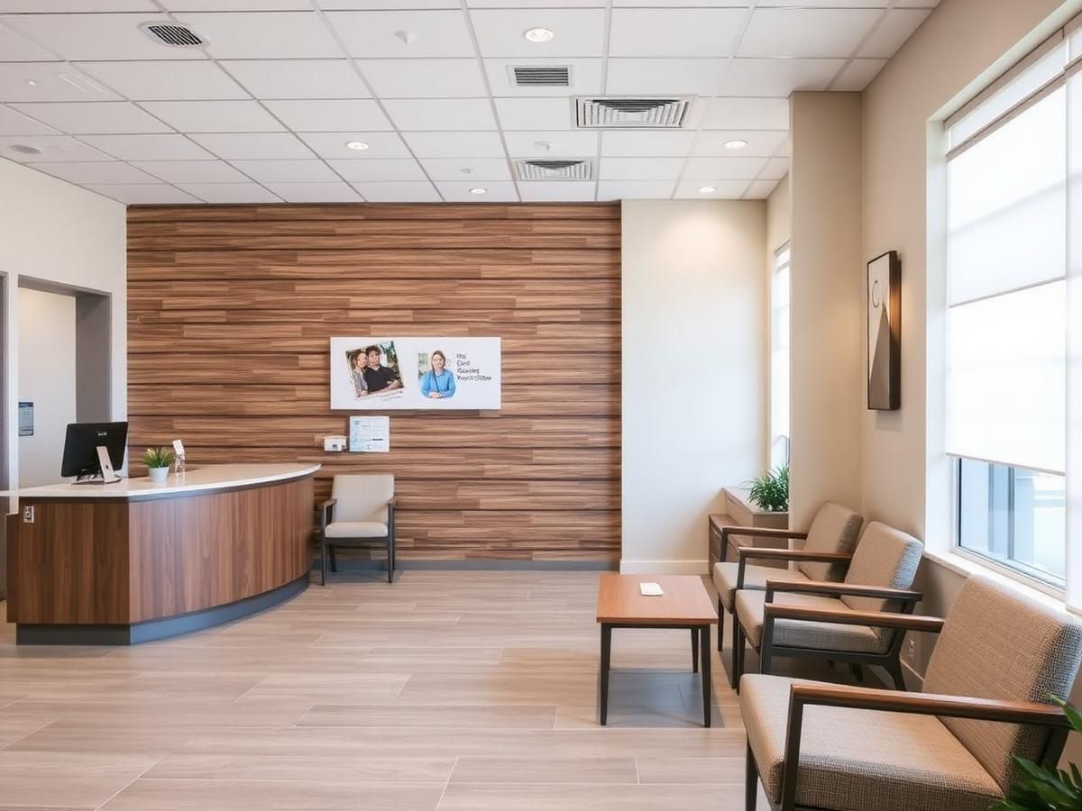 Clinic reception and waiting area with wood slat wall